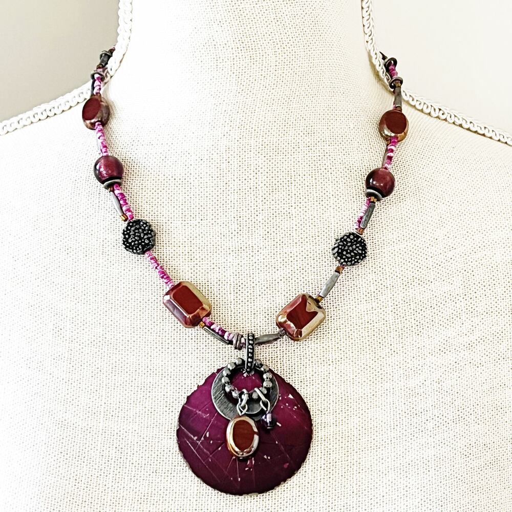 Chico's Burgundy Purple Beaded Disc Necklace